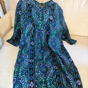 Bel Kazan Blue and Green geometric long sleeve dress